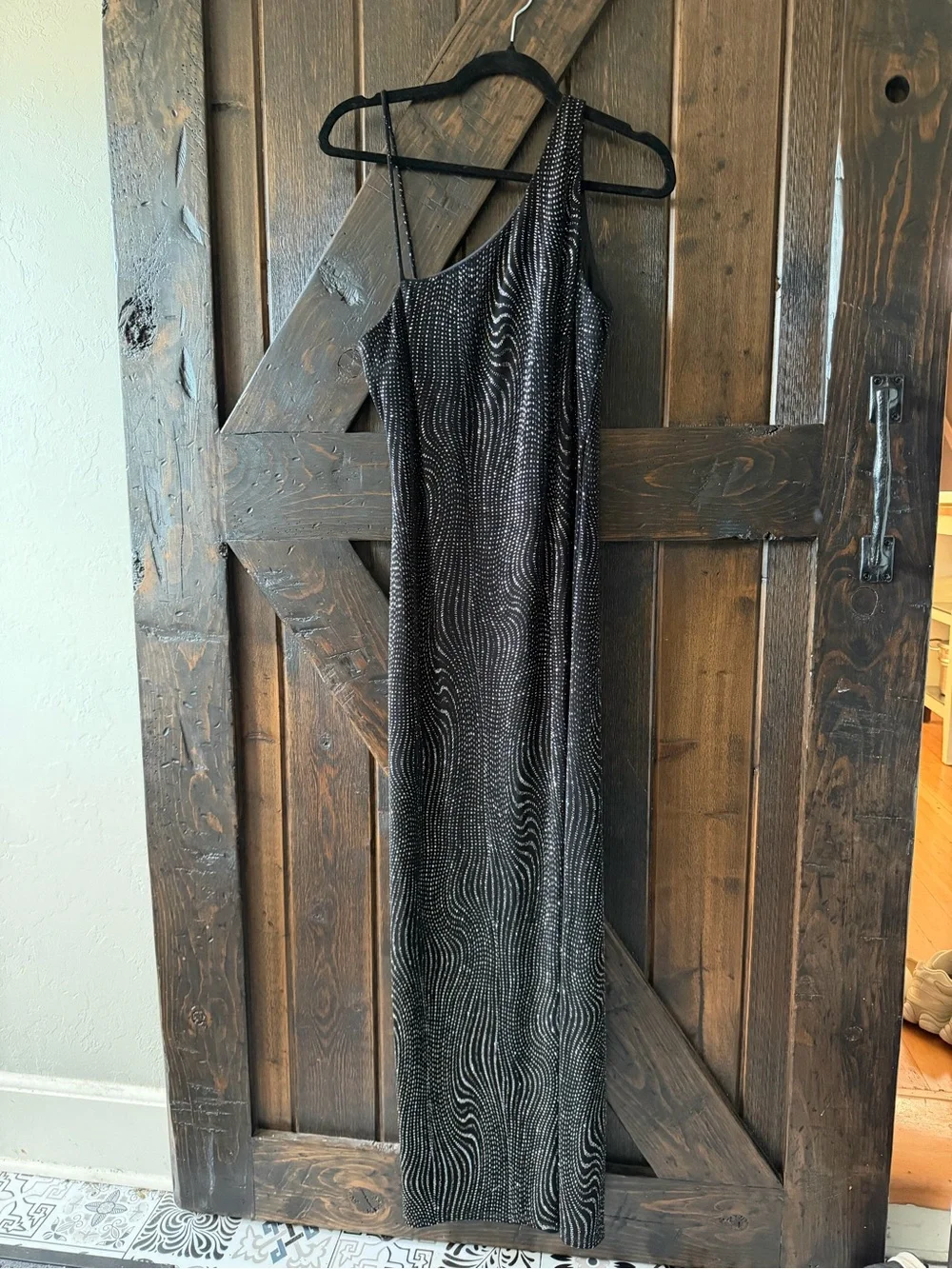 Vintage A Fortiori Black Rhinestone One Shoulder Maxi Evening Gown Side Slit - Picture 2 of 7